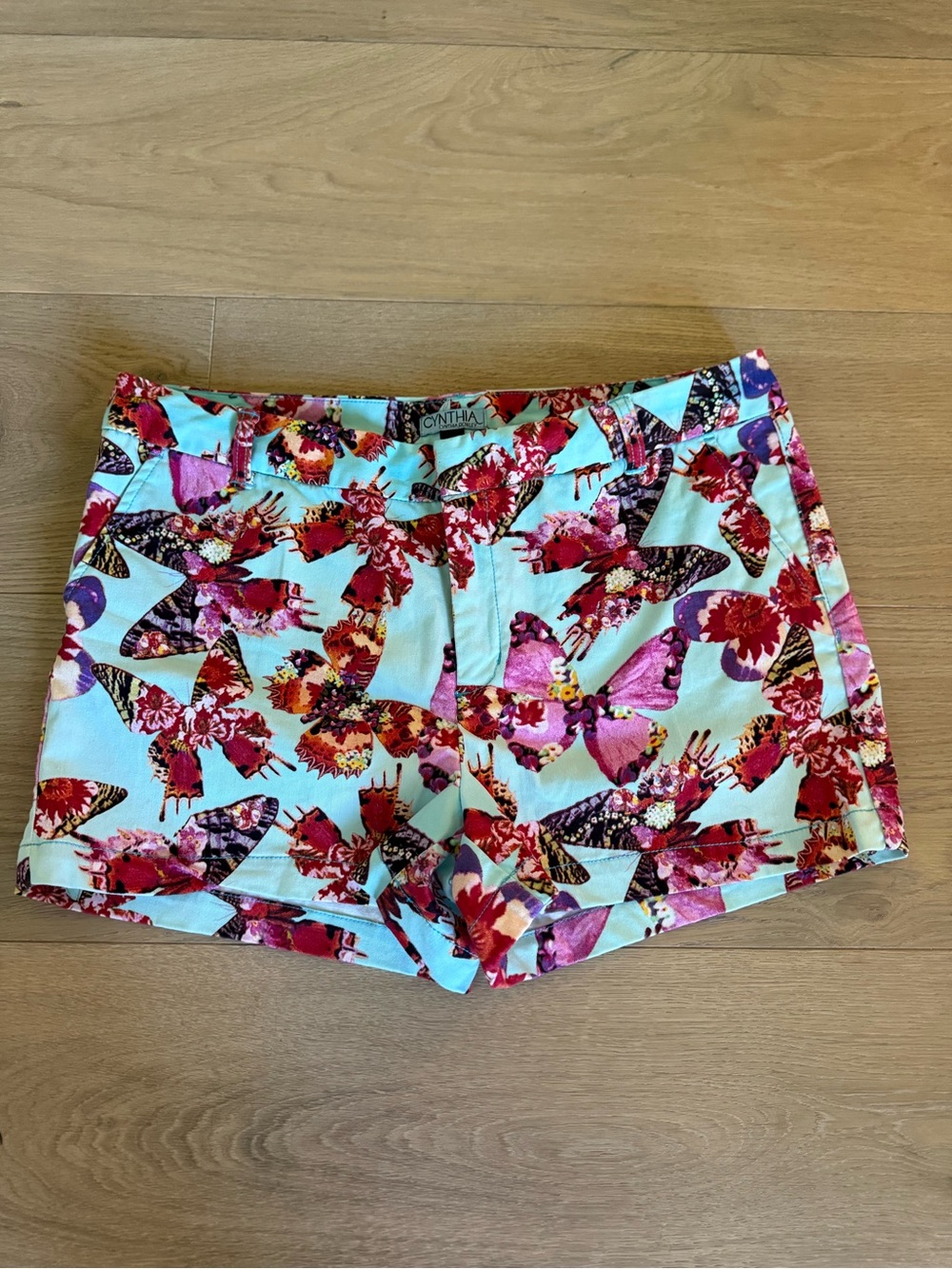 Cynthia Rowley Aqua Shorts with Pink & Red Butterfly Floral Print